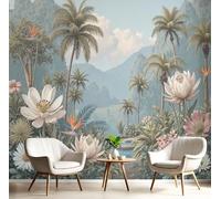 DACRWEKZ Papel pintado panorámico de seda 400x280cm, Paisaje tropical Palmeras, flores, lago - Póster de pared grande para sala de estar, adulto habitación de niños, estudio decoración
