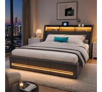 DADEA Cama Tapizada 140x190 con Almacenaje, Camas Matrimoniales con LED y USB, Cama Canape 140x190 con CabeceroCama de Matrimonio TapizadoCama DobleMatrimonio Camas Juveniles, Sin colchón