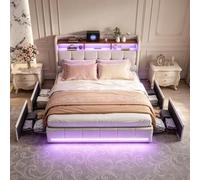 DADEA Cama Tapizada 140x200 con 4 Cajones, Camas Matrimoniales con Luces LED y Enchufe USB, Cama Canape 140x200 con CabeceroCama de Matrimonio TapizadoCama Doble con AlmacenajeMatrimonio, Sin colchón