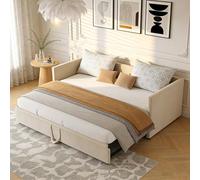 DAHUEN Sofá cama 90/180 x 200 cm, sofá cama de 2 plazas convertible con cama nido y camas con somier de láminas, tejido aterciopelado, beige, colchón no incluido (Beige)