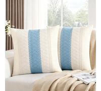 DakTou Fundas de Cojines 40x40 Blanco Crema con Encaje de Ganchillo Azul Cielo - Juego de 2 Funda Almohada Algodón Lino para Sofá - Cushion Covers Estilo Bohemio Rústico Lavable Salón Dormitorio