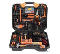 DAM.Juego de herramientas con maletín, taladro eléctrico de doble velocidad, doble batería de 16.8 V 1300mAh y 120 piezas. 47,5x11,5x37,5cm Orange