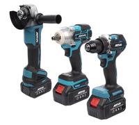 DAM.Set de 3 herramientas eléctricas, radial angular, taladro y llave de impacto 21V. Con dos baterías de 13000mAh. 46x11x32cm Blue
