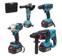 DAM Set de 4 herramientas eléctricas, radial angular, martillo perforador, taladro y llave de impacto 21V. DOBLE BATERIA 13000 mah 21x8x23 Cm. Color: Azul Blue
