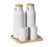 DAMDAM GO Juego de aceitera, vinagrera, salero y pimentero porcelana blanca con bandeja bambu
