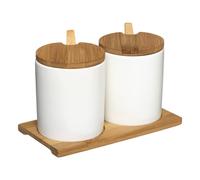 DAMDAM GO Juego de aceitera, vinagrera, salero y pimentero porcelana blanca con bandeja bambu