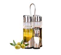 DAMDAM GO Juego de Aceitera y Vinagrera, Vidrio, Inoxidable, Set de Aceite y Vinagre para Mesa con Soporte, Color Acero y Transparente