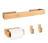 danhol® Juego accesorios baño | Accesorios baño sin taladro (Adhesivo) | Set de baño de 4 Piezas | Toallero + 2 Ganchos + Portarrollos papel higienico Madera Bambú