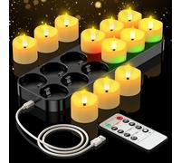 daphomeu Velas de té LED recargables, 12 unidades, sin llama, con estación de carga, función de temporizador y mando a distancia, funciona con pilas, para Navidad, Halloween, oraciones, bodas