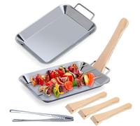 DAWRIS Set de Barbacoa 7 Piezas de Acero Inoxidable - 2 Bandejas Parrilla + 4 Raspadores de Madera + 1 Pinza - Bandeja Reutilizable para Carne Verduras Pescado BBQ