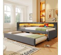Daybed,diván,sofá Cama,90 * 200cm,Cama con Tira de luz LED con Control Remoto a los pies de la Cama, Cama con Cama Nido(colchón no Incluido),USB+Type-C,Ropa de Sin Colchón