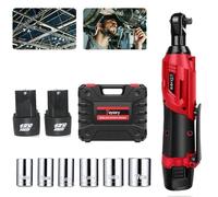 DayPlus Llave de carraca a batería, 2300 RPM 12V Destornillador de carraca eléctrico potente con 7 llaves de vaso, 2 x 1.5Ah baterías de iones de litio y cargador rápido, rojo
