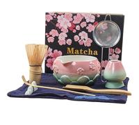 Dazhtu Matcha Kit 8 piezas, Kit Té Matcha Con diseño de sakura, Cuenco Matcha, Batidor Matcha, Cuchara, Tamiz, Soporte para Batidor, Kit Matcha Completo Regalo para Amantes el Matcha(Rosa Verde)