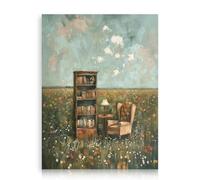 Dazzlewall Arte de Pared Vintage de Rincón de Lectura, Librería y Sofá en Campo de Flores Silvestres para Decoración de Sala de Estar o Estudio, 12x16 Pulgadas Sin Enmarcar
