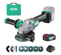 DCA Amoladora Angular sin Cable 20V sin Escobillas, Ø125mm, in atería 4.0Ah & Cargador Rápido, 8500RPM Amoladora Angular Profesional con Tapa de Cierre Rápido, 6 Discos para Cortar, Desbastar