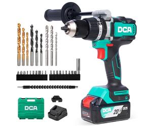DCA Taladro Percutor Sin Escobillas 20V,120 Nm, Portabrocas Metálico 13 mm | Embrague 24+1+1 y 32.000 impactos/min; incluye baterías de 4,0 Ah para perforar y atornillar ladrillo, metal y madera