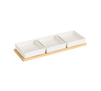 Dcasa Juego de 3 platos de aperitivo blancos de porcelana con bandeja de bambú de 33x10 cm