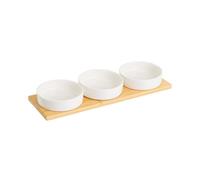Dcasa Juego de 3 platos de aperitivo blancos de porcelana con bandeja de bambú natural de 33x10 cm