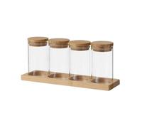 Dcasa Juego de 4 botes de cristal transparente con bandeja de bambú de 220 ml