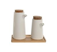 Dcasa Juego de aceitera, vinagrera de gres blanco con bandeja de bambú