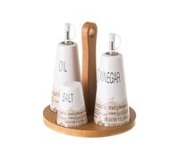 Dcasa Juego de aceitera, vinagrera, salero y pimentero con cenefa de stoneware blancos