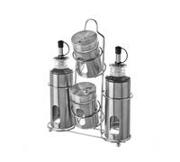Dcasa Juego de aceitera, vinagrera, salero y pimentero de cristal con soporte de acero inoxidable gris