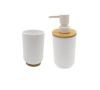 Dcasa Set 2 Accesorios Baño de Bambú Estilo nordico Blanco Dispensador y vaso
