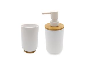 Dcasa Set 2 Accesorios Baño de Bambú Estilo nordico Blanco Dispensador y vaso