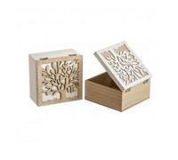 Dcasa Set de 2 cajas de madera Árbol de la Vida en blanco y natural de 15x15x8 cm