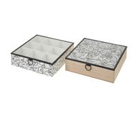 Dcasa Set de 2 cajas de madera y cristal en blanco y natural con 9 compartimientos 25x25x7 cm