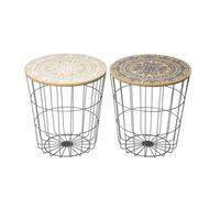 Dcasa Set de 2 mesas auxiliares bandeja con mandala gris de metal y madera de Ø 40x42 cm