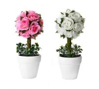 Dcasa Set de 2 plantas artificiales rosas de tela con maceta blanca de terracota de Ø 6x48 cm