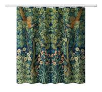DDCBNS William Morris - Cortina de Ducha Estilo Vintage, diseño de Flores de Mediados de Siglo, pájaros y Plantas Verdes, Cortina de Ducha para decoración de baño, Tela Impermeable, Gancho de