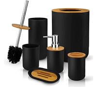 de Accesorios de baño de bambú de 6 Piezas: jabonera, Soporte para Cepillo de Dientes, de Enjuague, Botella de loción, de Basura, Cepillo de Inodoro, para el lavadero del hogar, Negro
