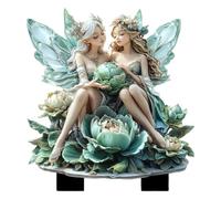 de jardín Diseño 2D con Alas Acrílicas, Artesanía Plana | Niña Sentada en Flor Verde Decoraciones de s para Jardín Para Patio Césped Cerca Pasarela Porche Terraza