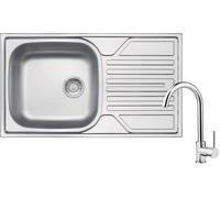 Fregadero de acero inoxidable de una sola cuba con escurridor y grifo cromado, acero inoxidable 304 satinado, monomando giratorio, conexión para lavavajillas/lavadora