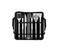 DEARMAMY Kit de Herramientas para Barbacoa Negro de Acero Inoxidable 12 Piezas con Bolsa, Pala, Pinzas, Cuchillo, Tenedor, Cepillo y Brocheta, para Camping y Picnic