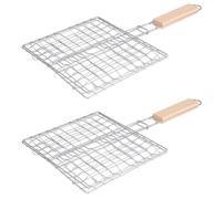 DECHOUS 2 Unidades Parrilla con Mango de Madera Plegable de Acero | Rejilla Cuadrada para Exterior, Cocción Uniforme y Limpieza Fácil, Plata, para Picnic y Carbón