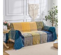 DECMAY Manta Bohemia de Chenilla Jacquard con borlas, Manta para sofá de 2, 3, 4 plazas, Mantas de tartán y Mantas para colchas, sillones, Muebles y Cama (Azul Amarillo, 220 x 260 cm)