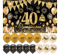 Decoración 40 Años Negro Oro - Kit de Cumpleaños en Español con Pancarta Feliz Cumpleños, 15 Globos, Adornos, Happy Birthday Fondo Cartel