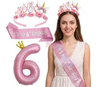 Decoración 6º Cumpleaños Estilo Rosa Encantador, Diadema Festiva y Banda de Purpurina, Globo Número 6 Rosa, Kit Completo de Accesorios para Fiestas y Celebraciones Especiales e Inolvidables