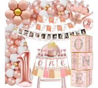 Decoración Cumpleaños 1 Año Niña Niño, Fiesta Tema Oro Rosa con Globos 1 Año, Guirnalda Feliz Cumpleaños, Decoración Tartas, Caja “ONE” y Accesorios para Primer Cumpleaños y Baby Shower