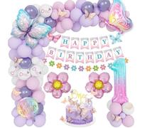 Decoracion Cumpleaños 1 Año, Rosa Púrpura, Globos 1 Año, Juego de Globos de Mariposa, Banderola , Globo Número 1, Pegatinas de Mariposa