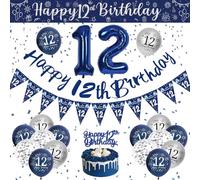 Decoración Cumpleaños 12 Años, Globos Cumpleaños 12 Años, Globos Azules y Plateados, Globos 12 Años, Banner de Feliz Cumpleaños, Decoracion Fiesta 12 Cumpleaños Globo Confeti para Chica