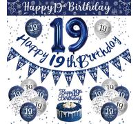 Decoración Cumpleaños 19 Años, Globos Cumpleaños 19 Años, Globos Azules y Plateados, Globos 19 Años, Banner de Feliz Cumpleaños, Decoracion Fiesta 19 Cumpleaños Globo Confeti para Chica