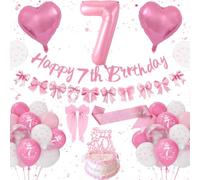 Decoracion Cumpleaños 7 Años Niña, Globos 7 Cumpleaños Rosa y Blanco, Lazo Rosa Decoraciones para Fiesta de Cumpleaño, Numero 7 Globo, Globos de Cumpleaño Lazos 7 Años Niña Party Deco
