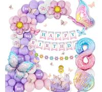 Decoracion Cumpleaños 8 Año, Rosa Púrpura, Globos de Cumpleaños 8 Año, Juego de Globos de Mariposa, Banderola, Globo Número 8, Pegatinas de Mariposa