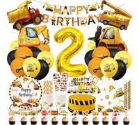 Decoración Cumpleaños Excavadora 2 Años, Vajilla para Fiesta de Construcción para Niños con Globos Vehículos, Vela 2 Años, Adorno para Tartas, Servilletas, Platos, Vasos, Pajitas (16 Invitados)