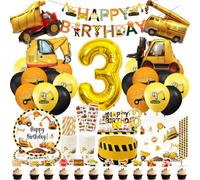 Decoración Cumpleaños Excavadora 3 Años, Vajilla para Fiesta de Construcción para Niños 3 Años con Globos Vehículos, Vela 3 Años, Adorno para Tartas, Servilletas, Platos, Vasos, Pajitas (16 Invitados)