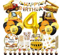 Decoración Cumpleaños Excavadora 4 Años, Vajilla para Fiesta de Construcción para Niños con Globos Vehículos, Vela 4 Años, Adorno para Tartas, Servilletas, Platos, Vasos, Pajitas (16 Invitados)